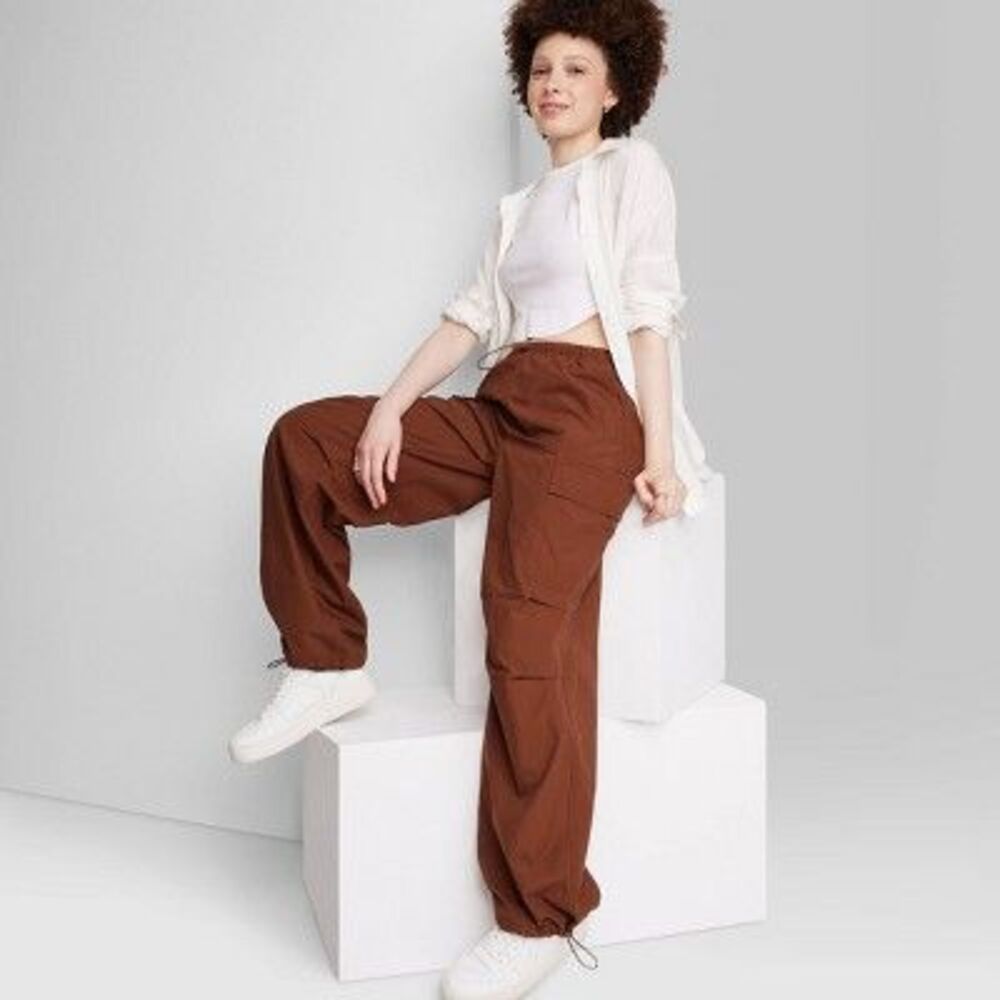 Wild Fable Women's Mid Rise Wide Leg Relaxed Parachute Pants, Dark Brown, S